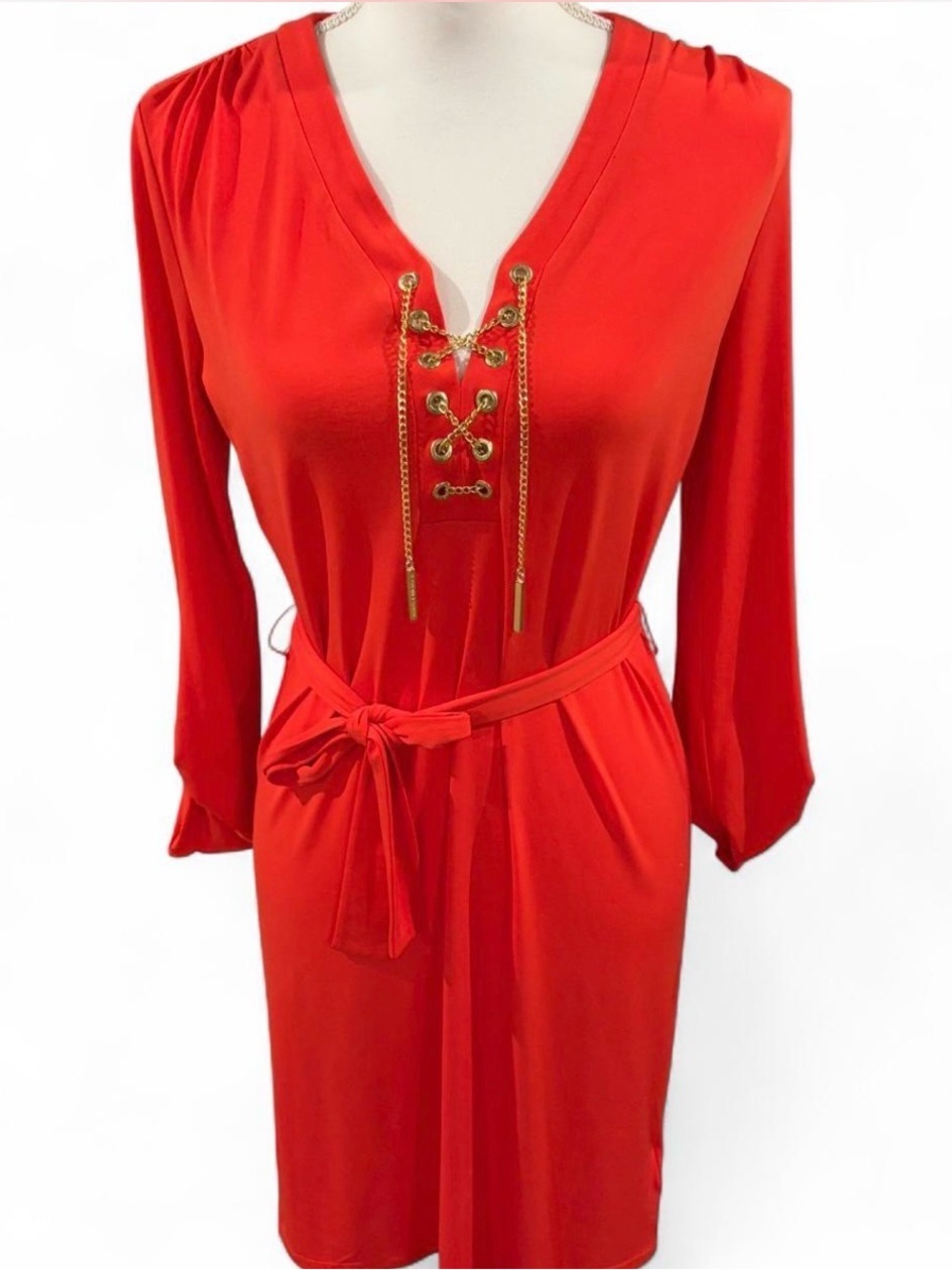 Orange Gold-Accent Tie-Belt V-Neck Dress